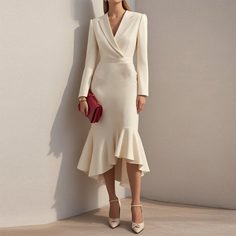 Women's Elegant Mermaid Dress – Notch Lapel Bodycon with Asymmetrical Hem for Formal Events