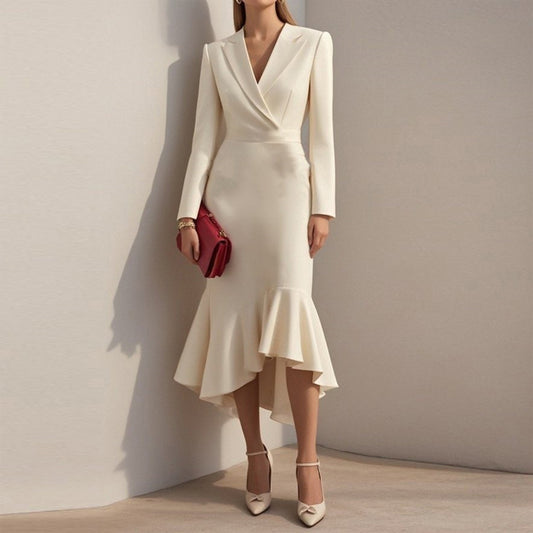 Women's Elegant Mermaid Dress – Notch Lapel Bodycon with Asymmetrical Hem for Formal Events