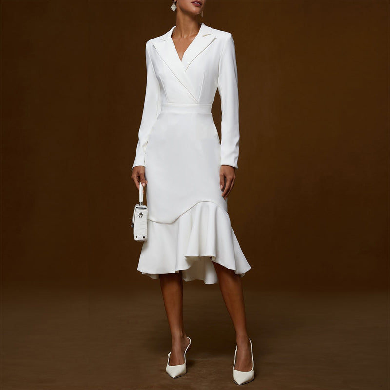 Women's Elegant Mermaid Dress – Notch Lapel Bodycon with Asymmetrical Hem for Formal Events