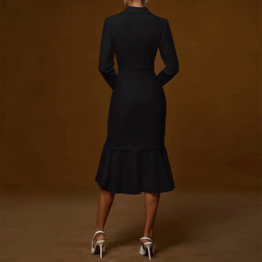 Women's Elegant Mermaid Dress – Notch Lapel Bodycon with Asymmetrical Hem for Formal Events