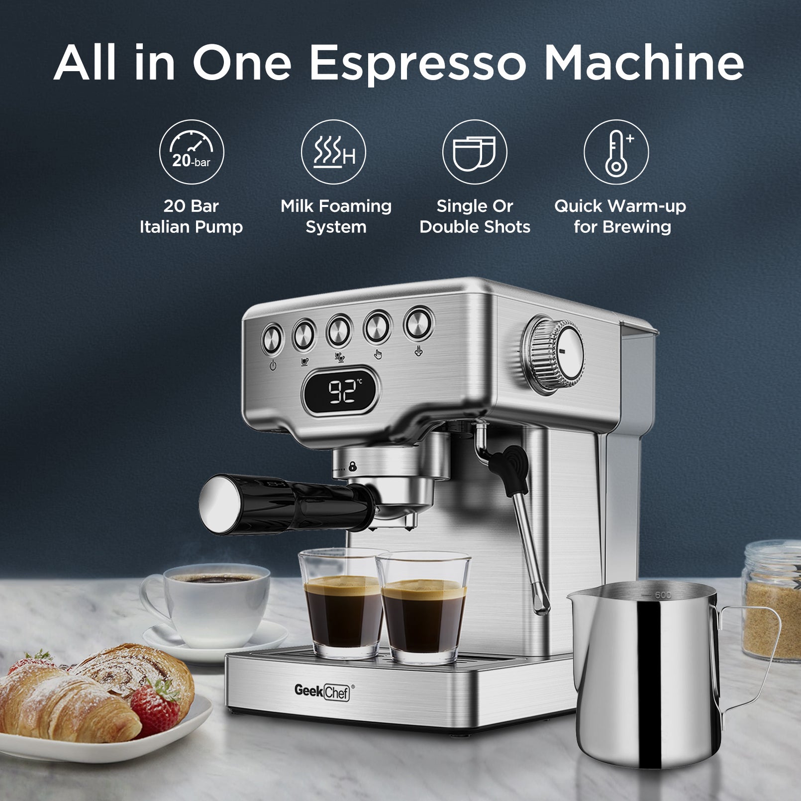 GeekChef 20-Bar Espresso Machine – Stainless Steel Latte & Cappuccino Maker