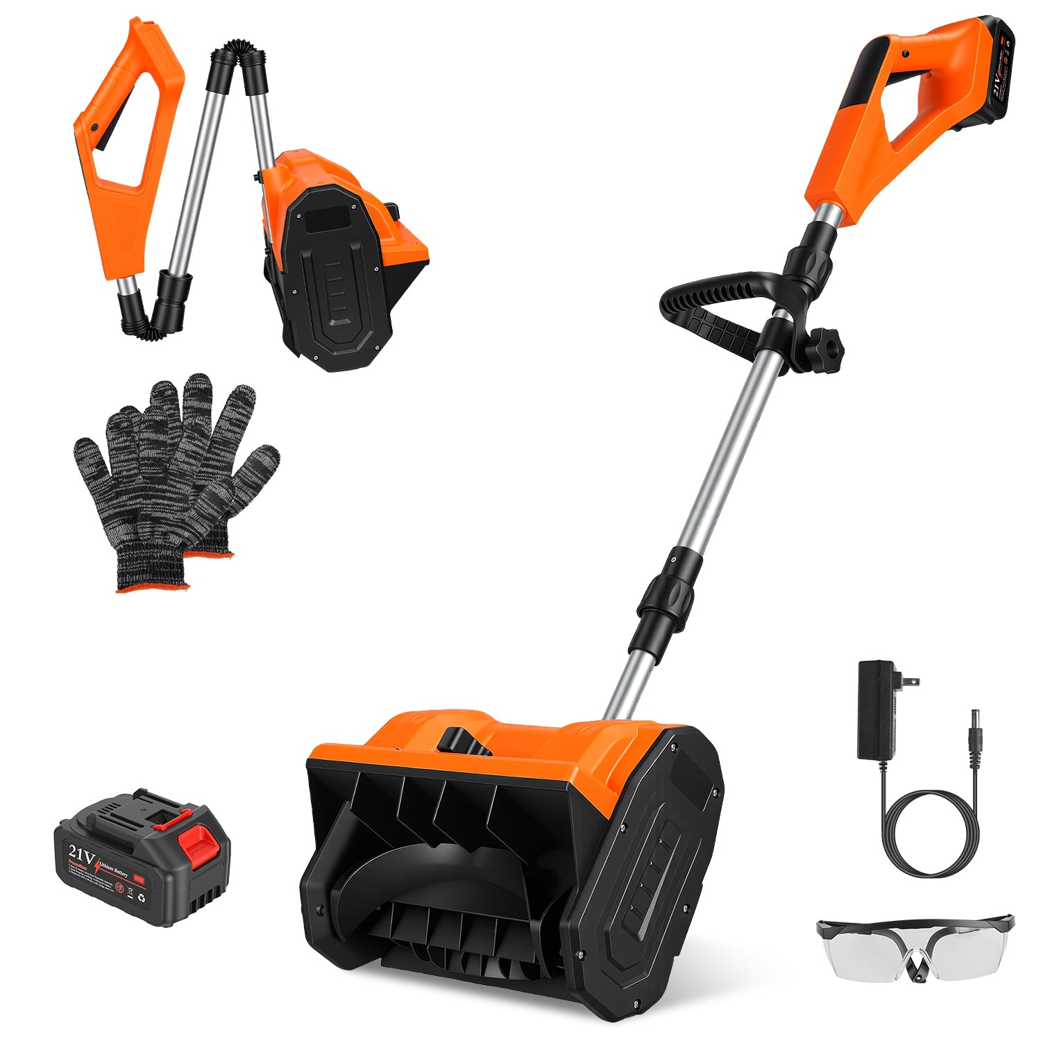 Cordless Snow Shovel – 500W 21V Rechargeable Thrower with Gloves & Goggles, 11-Inch Blade