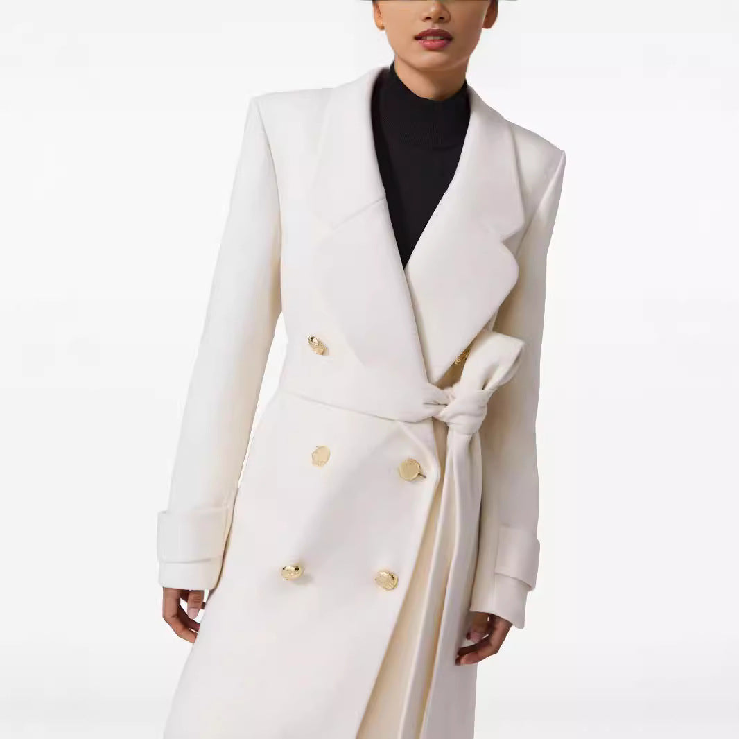Elegant Slim Fit White Overcoat – Lace-Up & Back Slit Design