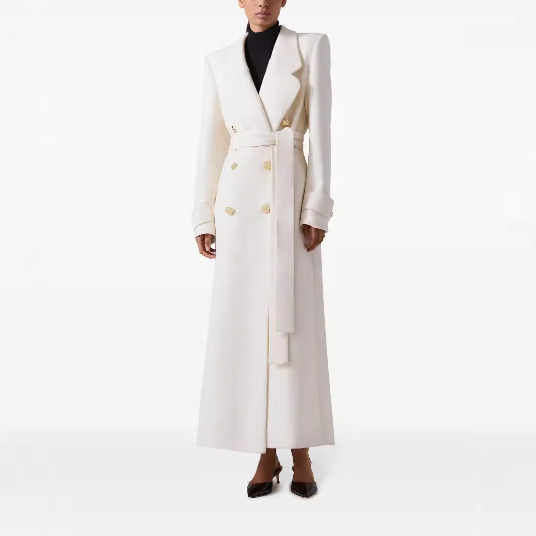 Elegant Slim Fit White Overcoat – Lace-Up & Back Slit Design