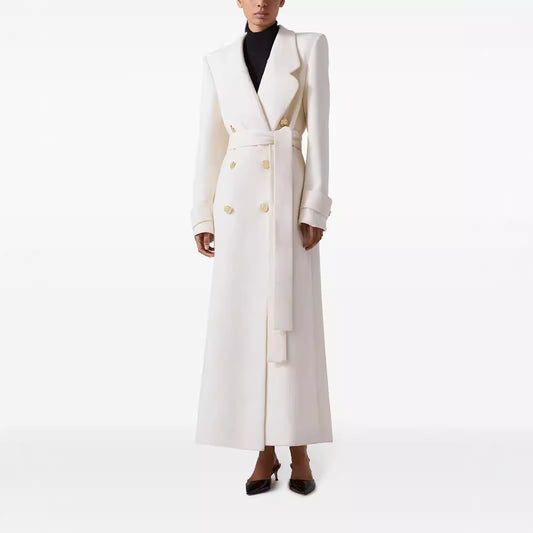 Elegant Slim Fit White Overcoat – Lace-Up & Back Slit Design