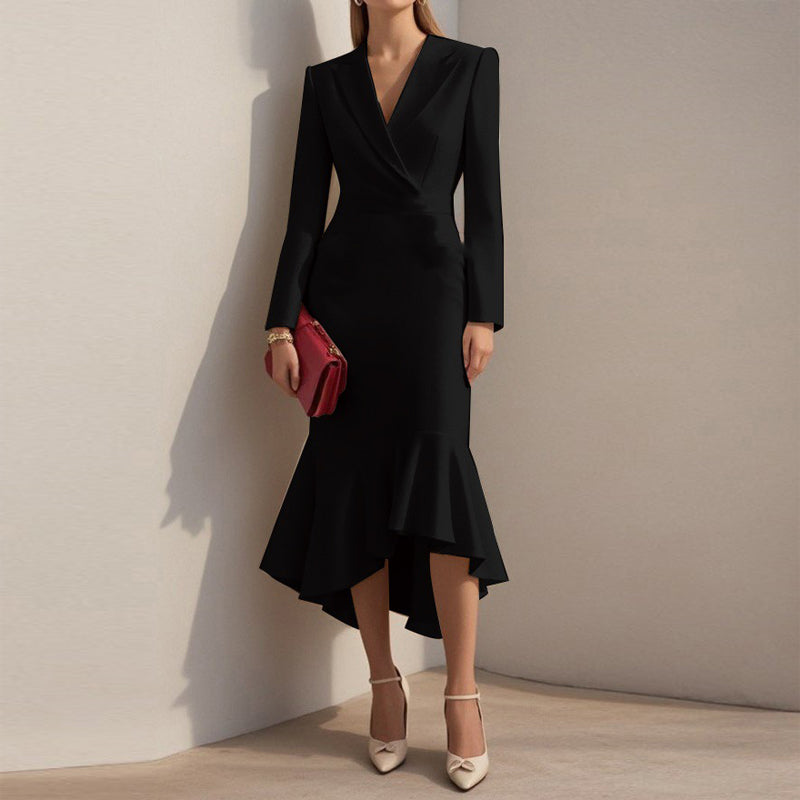 Women's Elegant Mermaid Dress – Notch Lapel Bodycon with Asymmetrical Hem for Formal Events