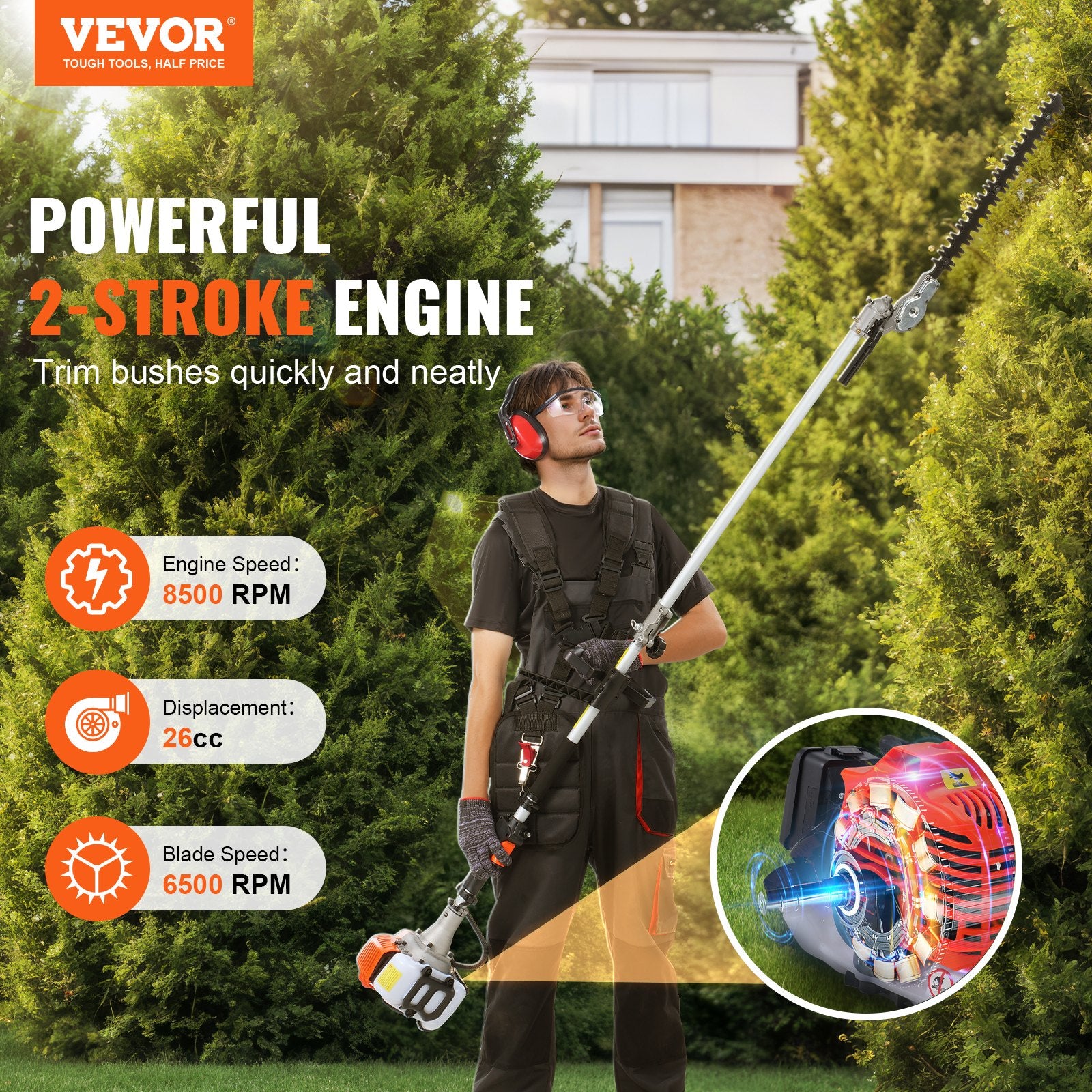 26CC 6-in-1 Gas Trimmer – Hedge, Brush, Pole Saw & Edger Combo Tool
