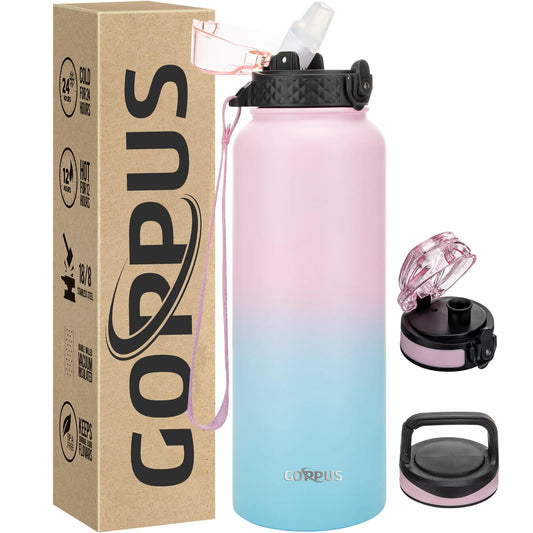 GOPPUS 40 oz Triple-Lid Insulated Flask - Hot & Cold Stainless Steel Bottle